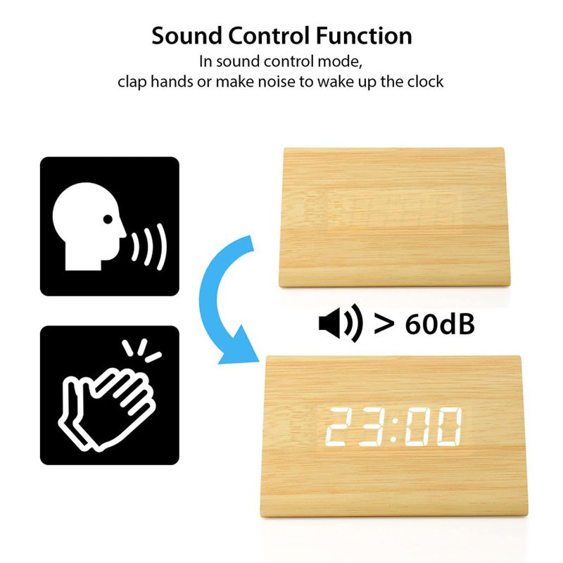 GEARONIC Digital Alarm Clock Wooden Alarm Clock Wood Modern Triangle Alarm Digital Desk Clock, Displays Time Date Temperature Calendar Wood Made Electric Clocks for Bedroom, Bedside - Bamboo - Image 2